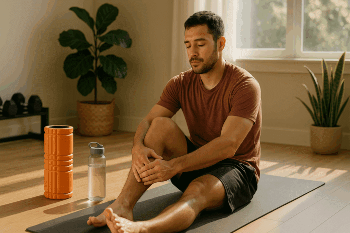 Man stretching on a yoga mat in a sunlit home gym, demonstrating how to help sore legs after leg day with post-workout recovery tools.