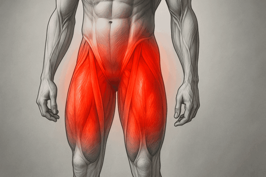 Stylized anatomical illustration of inflamed quadriceps and hamstrings highlighting muscle soreness, showing how to help sore legs after leg day.