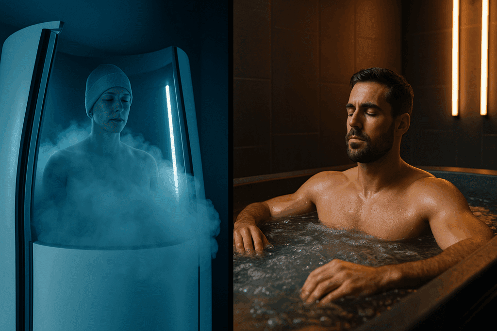 Split-scene showing cryotherapy and contrast bath recovery techniques for how to help sore legs after leg day