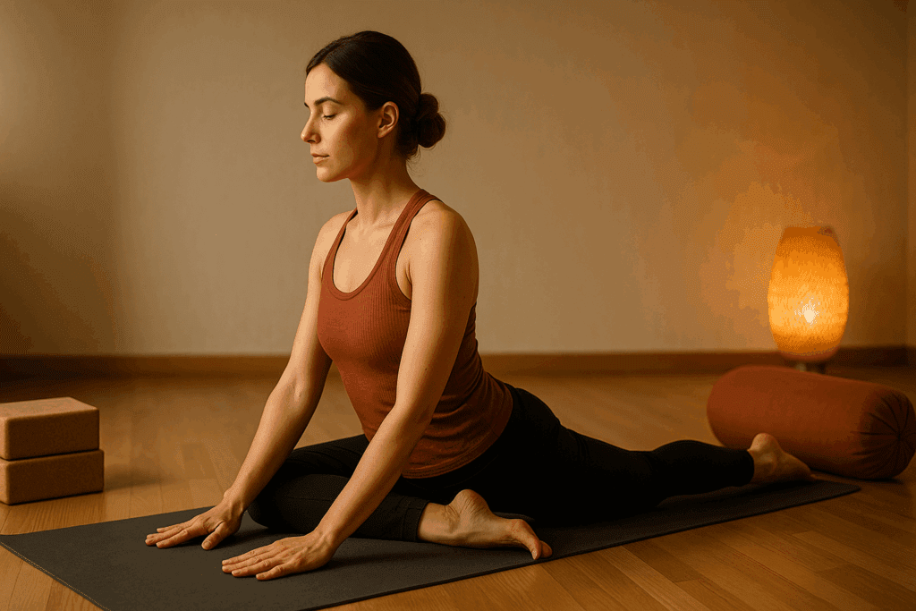 Person in Pigeon Pose during yoga session in a serene studio with props, showing how to help sore legs after leg day.