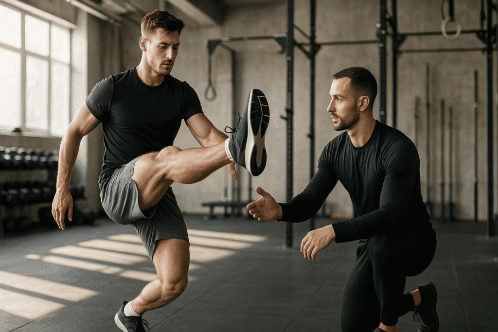 Trainer coaching athlete through leg swings during dynamic warm-up in gym—demonstrating how to help sore legs after leg day