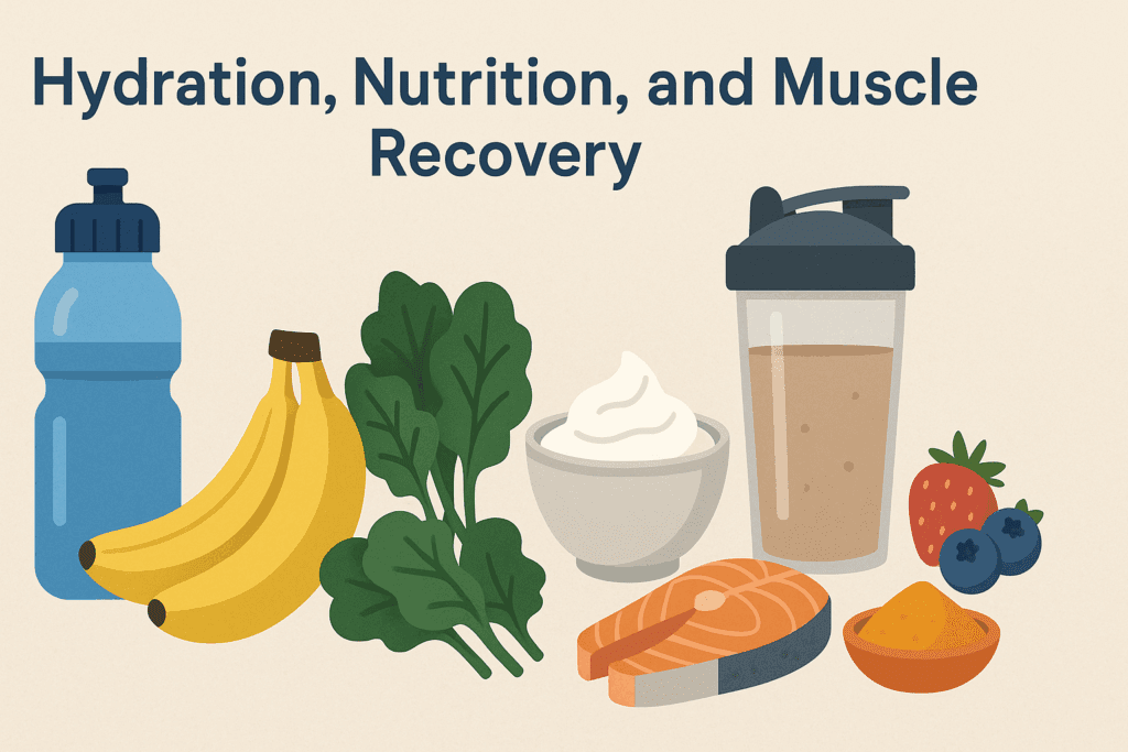 Infographic showing hydration and nutrition essentials like water, bananas, yogurt, berries, and salmon for how to help sore legs after leg day.