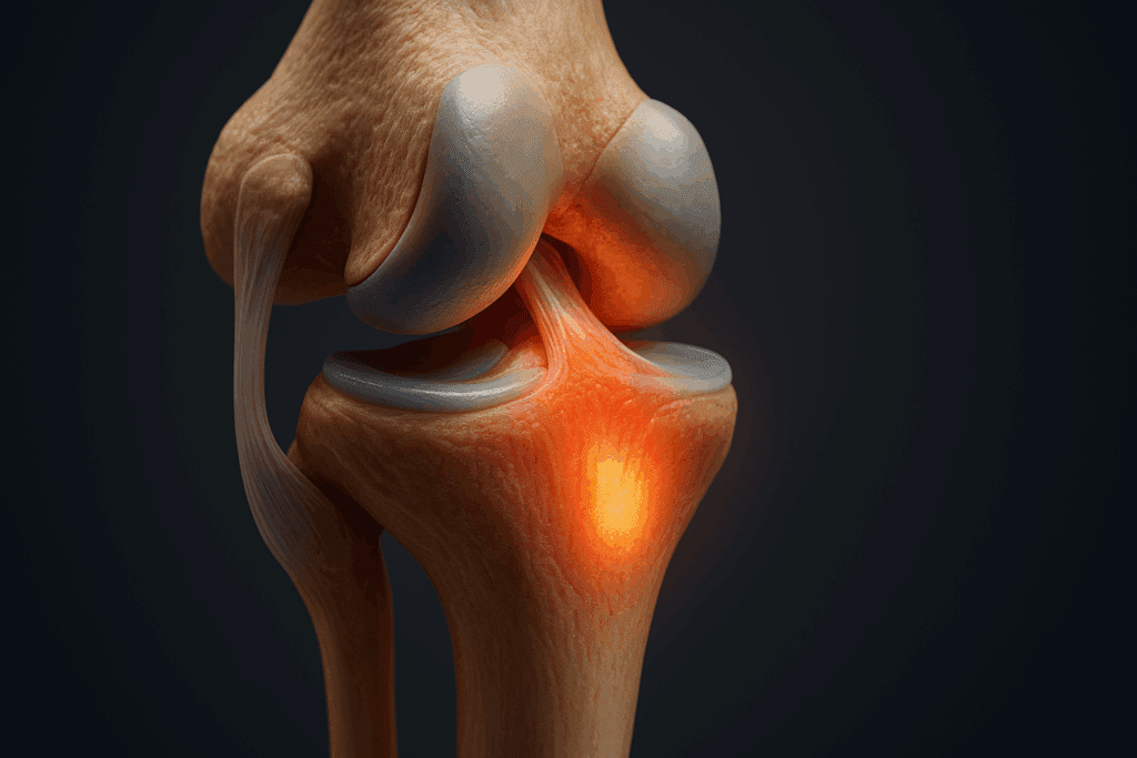 3D cross-sectional rendering of the knee joint showing bones, ligaments, cartilage, and stressed areas to illustrate how to improve knee joint health