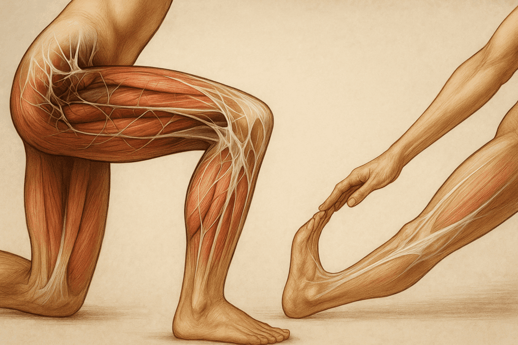 Human lower body showing fascia over muscles around the knee during stretching, illustrating how to improve knee joint health.