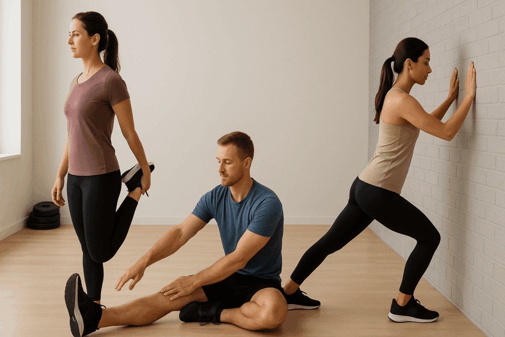 Three people demonstrating safe stretches in a fitness studio showing how to improve knee joint health through proper alignment.