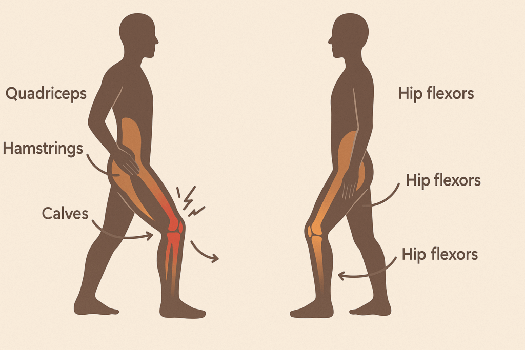 Illustration comparing tight versus flexible leg muscles in relation to how to improve knee joint health by reducing stress on the knees