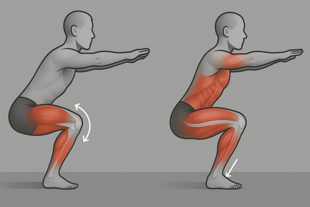 Side-by-side squat illustration showing how limited versus optimal ankle dorsiflexion impacts knee alignment, highlighting how to improve knee joint health