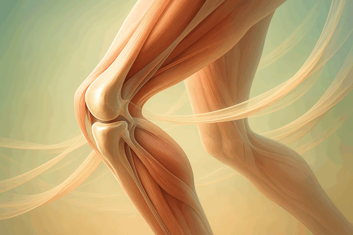 Anatomically accurate illustration of a knee joint in motion with highlighted muscles and fascia, showing how to improve knee joint health through flexibility and mobility.