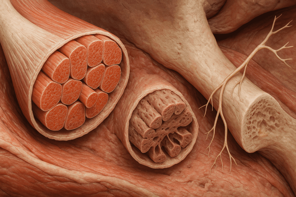 Cross-section of muscle tissue showing healthy fibers, atrophied fibers, and nerve detachment, illustrating how to strengthen weak muscles by understanding muscle degeneration.