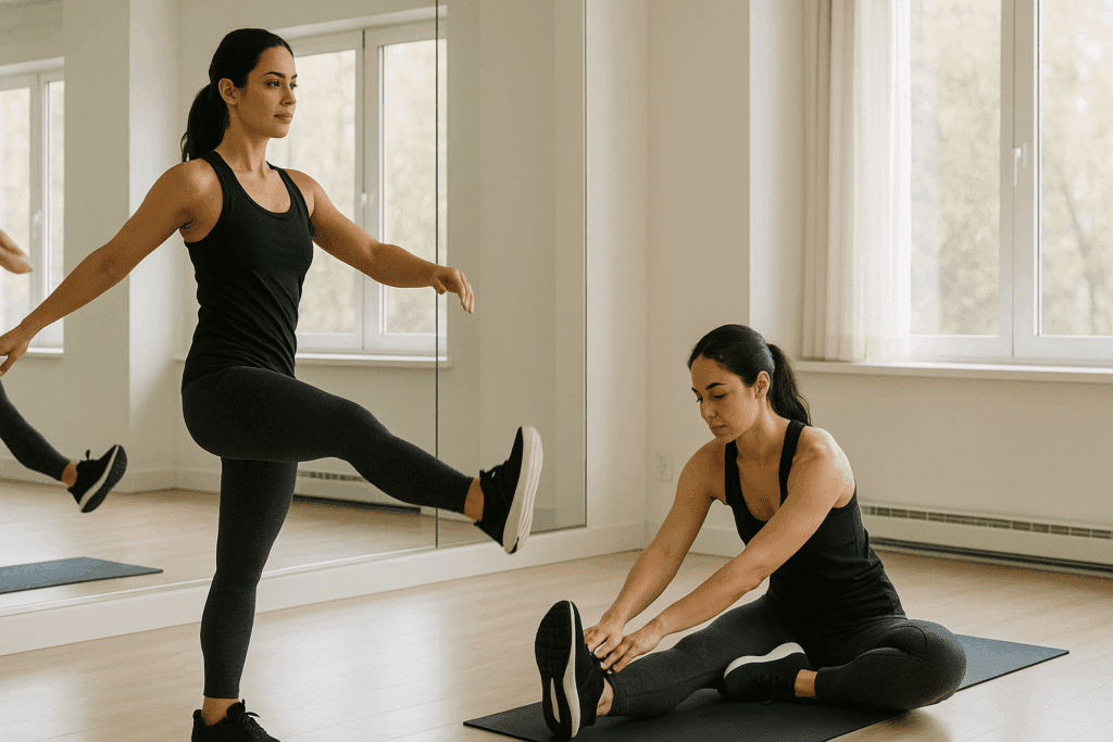 Athletic woman demonstrating dynamic and static stretches in a mirrored fitness studio, showing how to strengthen weak muscles through flexibility training.