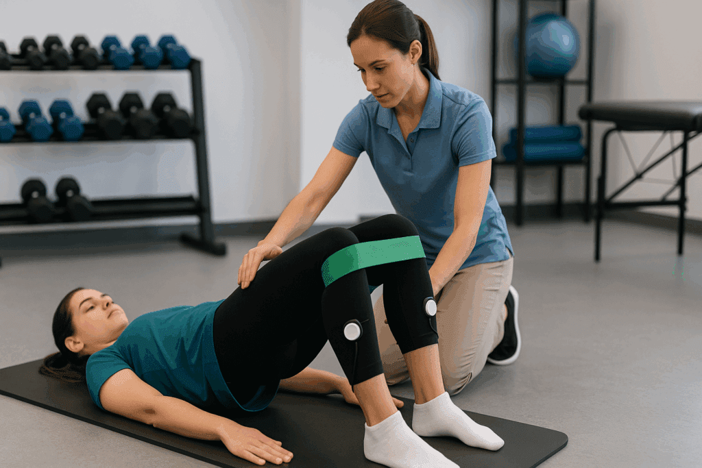 Physical therapist guiding a patient through glute bridges with resistance bands and EMG sensors during rehab, demonstrating how to strengthen weak muscles