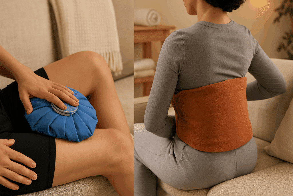 Person applying ice pack to sore thigh and another using a heat pad on lower back, demonstrating how to strengthen weak muscles through cold and heat therapy.