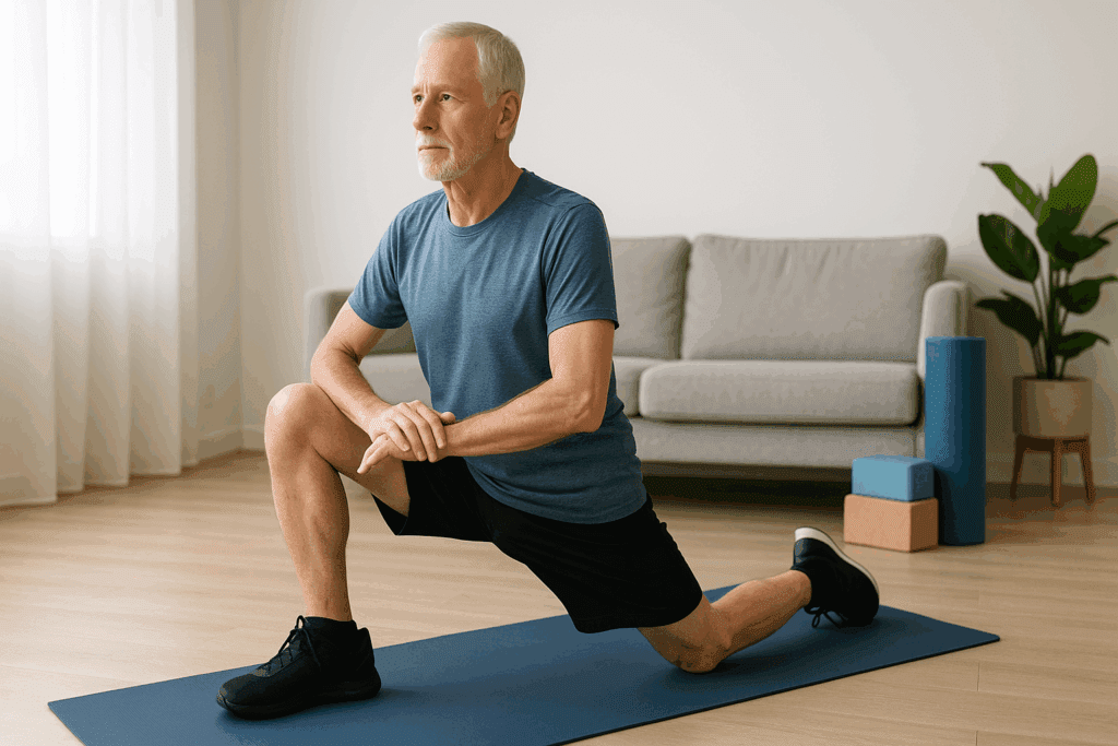 Older man doing hip flexor stretch on a yoga mat in a bright home to demonstrate how to strengthen weak muscles safely