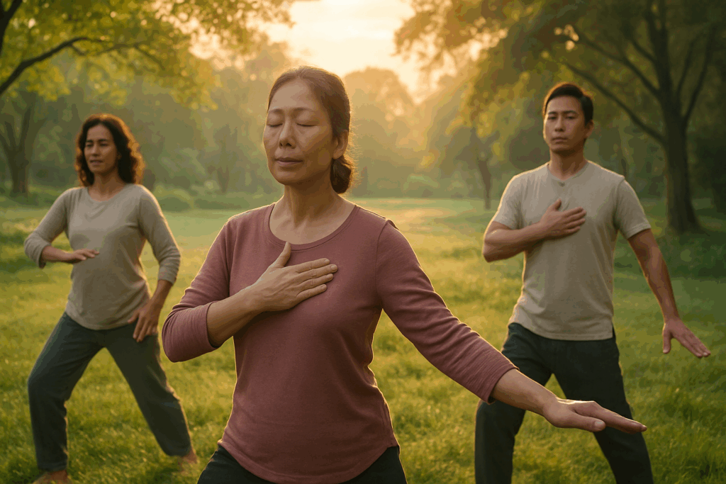 Group practicing Tai Chi in a serene park at sunrise, showing calm posture and breath control as a mind-body method for how to strengthen weak muscles