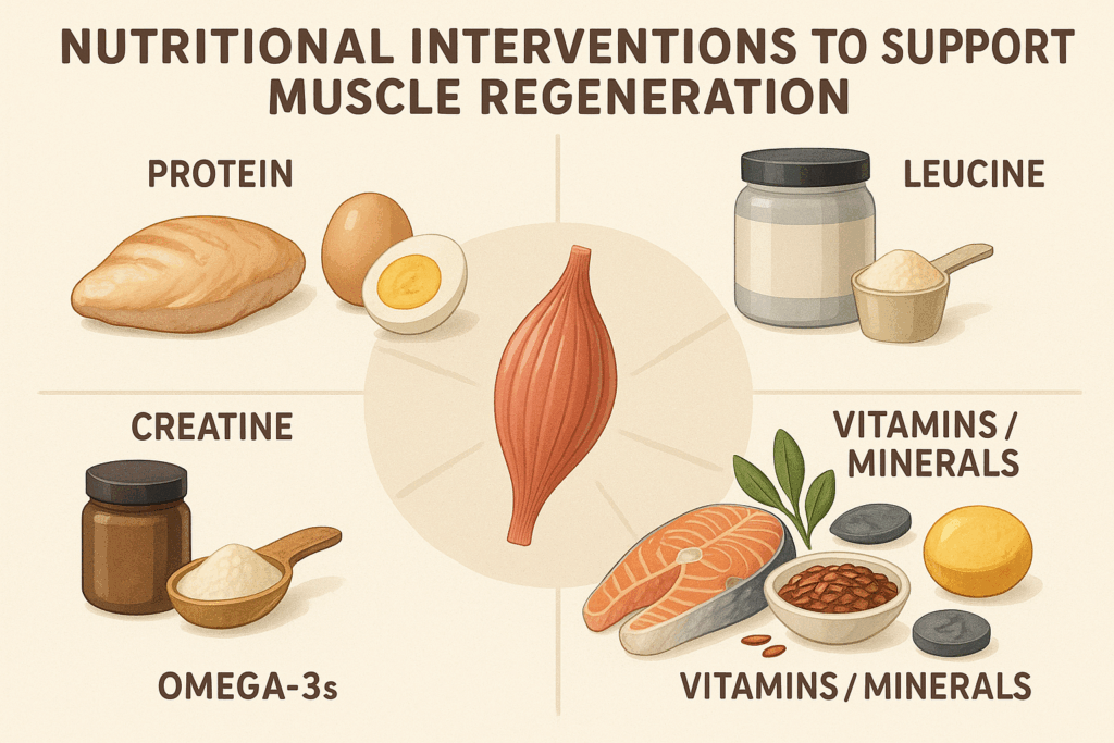 Infographic showing nutrient-rich foods like salmon, eggs, flax, and whey powder that support recovery and explain how to strengthen weak muscles naturally
