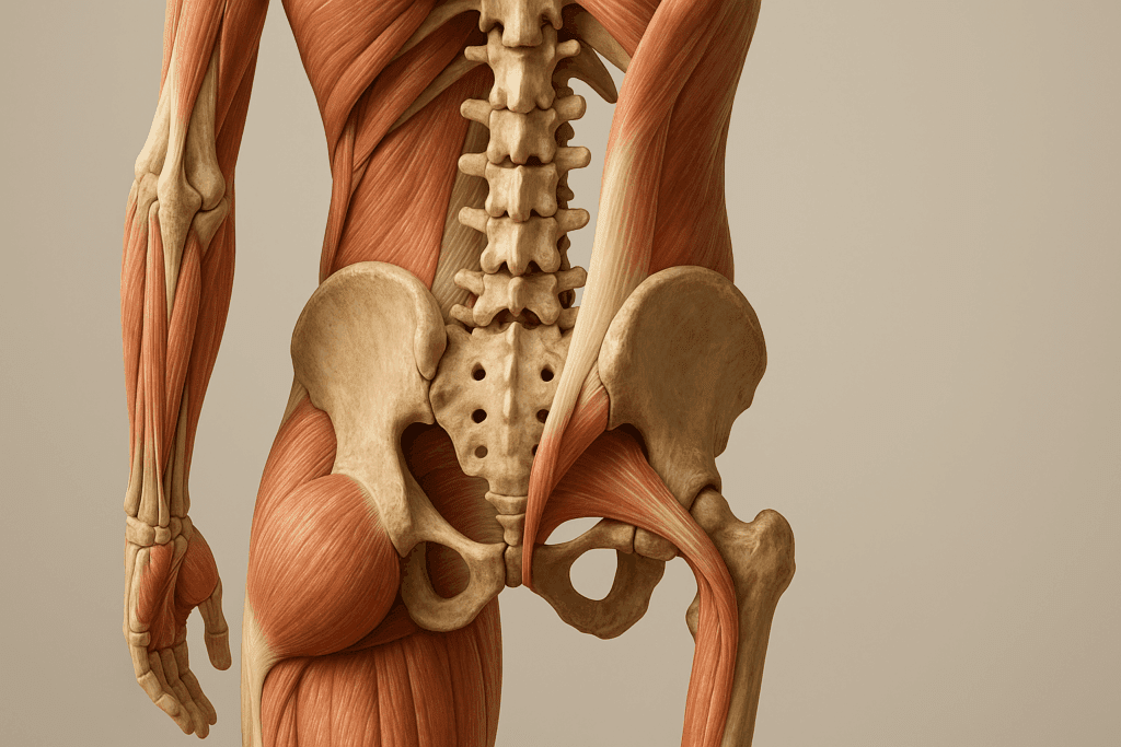 3D anatomical rendering showing interconnected muscles of the lower back and hips to explain how to loosen lower back and hips
