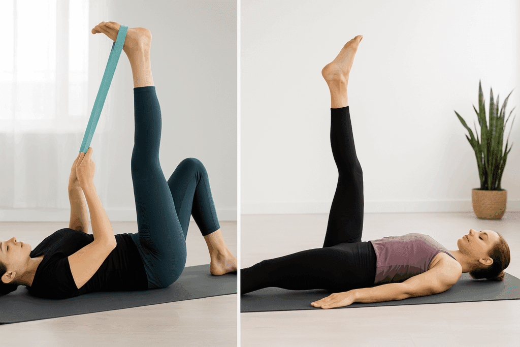 Split-screen showing passive hamstring stretch with strap and active leg raise—both exercises on how to loosen lower back and hips.