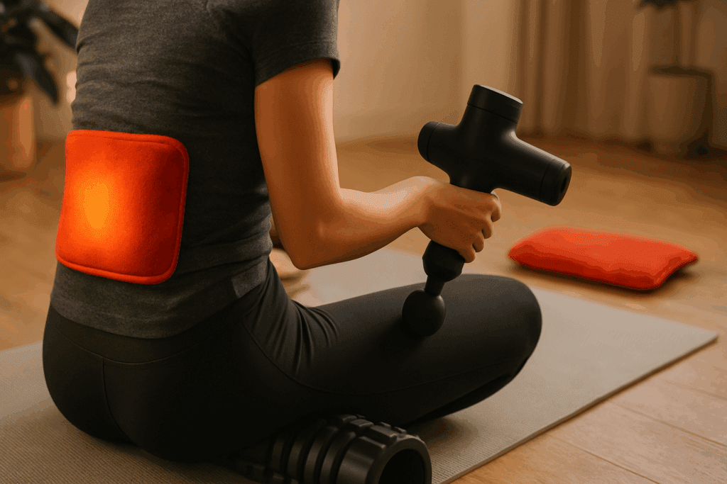 Person using a massage gun and heat wrap on lower back in a recovery room, demonstrating how to loosen lower back and hips