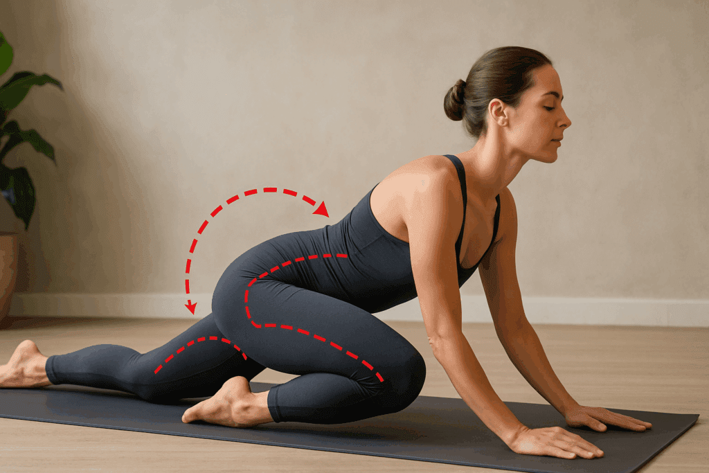 Woman in lizard yoga pose on mat showing how to loosen lower back and hips with deep hip stretch and spinal alignment