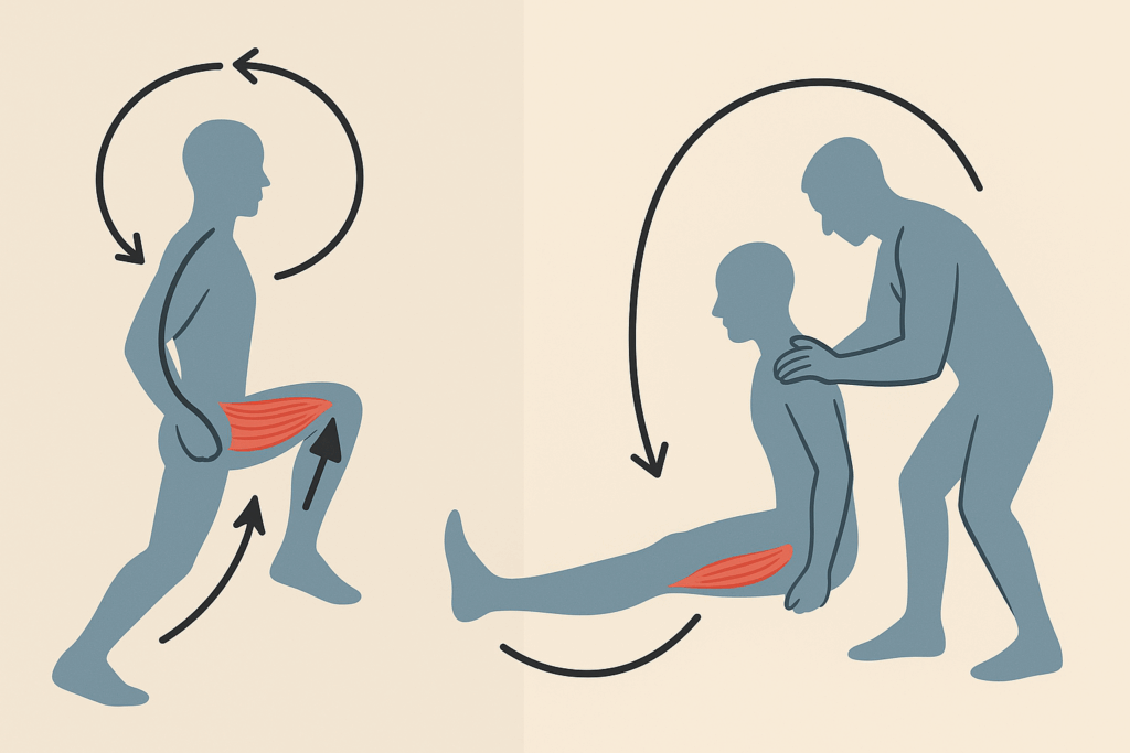Side-by-side diagram showing how to loosen lower back and hips through stretch reflex and assisted PNF stretching techniques using simplified human figures