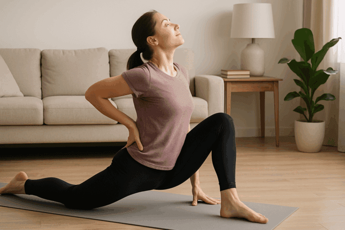 Woman performing deep lunge stretch on yoga mat demonstrating how to loosen lower back and hips