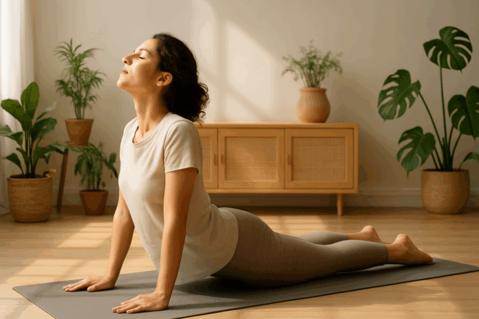 Woman practicing gentle yoga backbend in a sunlit home studio with plants and wood decor, demonstrating how to prevent back pain through daily stretching.