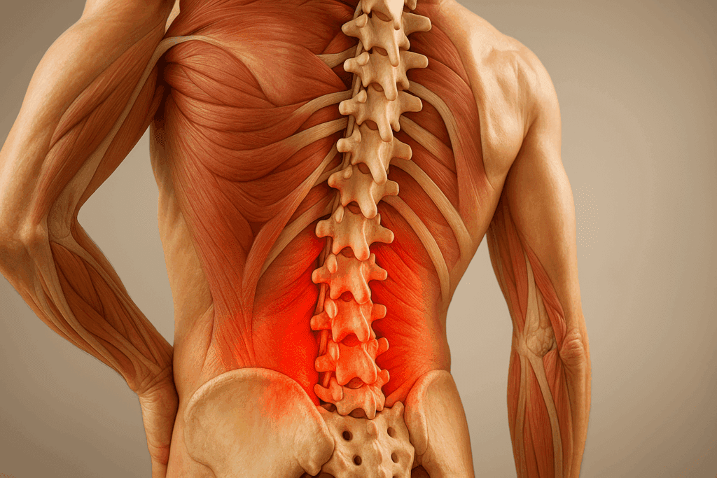 3D anatomical illustration of the human spine showing muscles and ligaments that support posture and explain how to prevent back pain