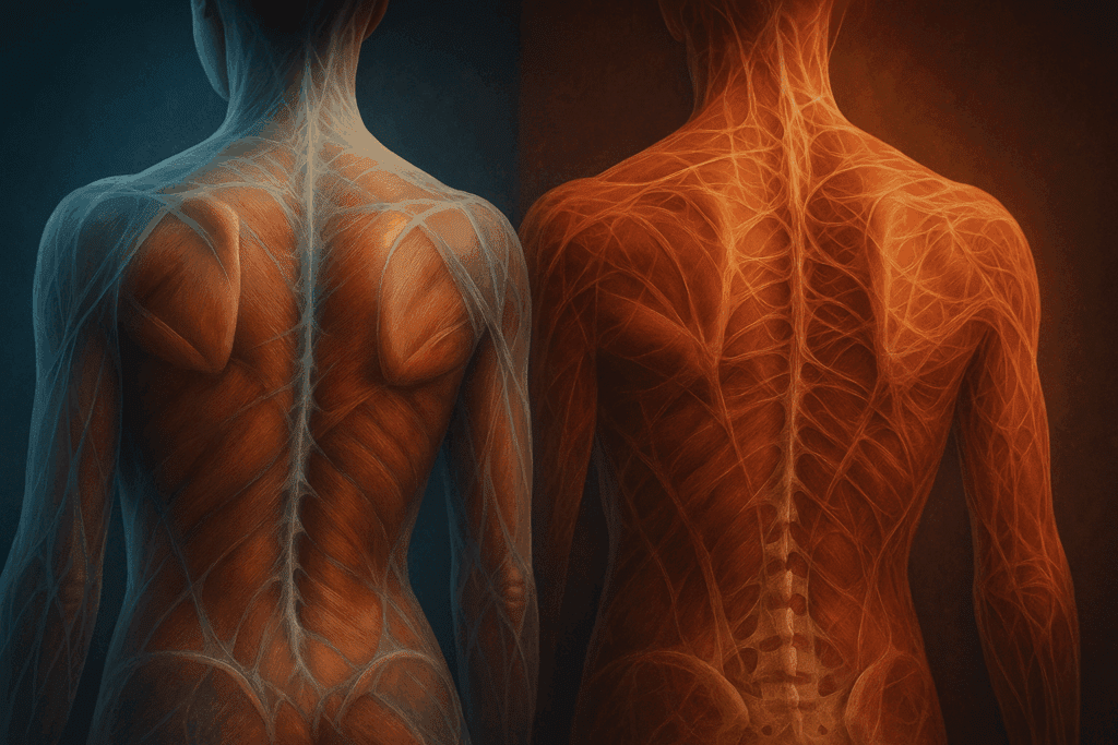 Medical illustration showing a side-by-side view of healthy versus restricted fascia in the back, highlighting how to prevent back pain through improved fascial mobility.