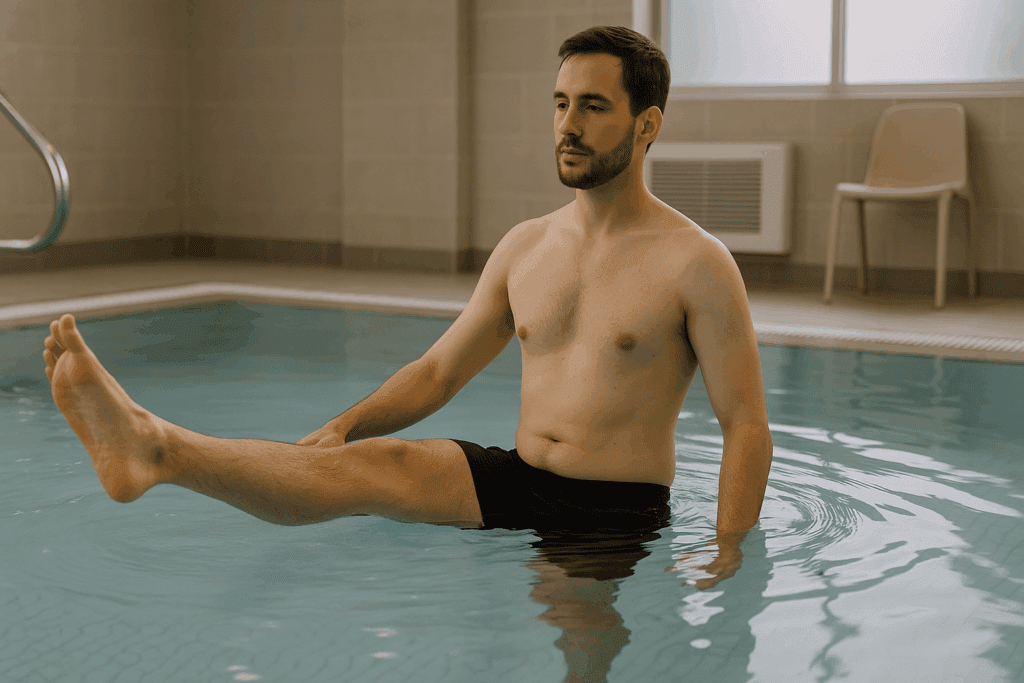 Man performing aquatic leg lifts in a therapy pool, demonstrating how to prevent back pain through water-based stretching exercises.