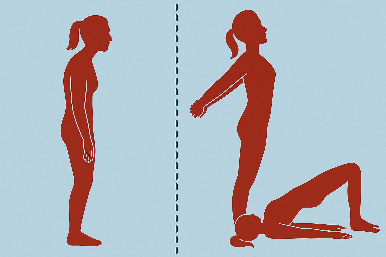 Before-and-after posture comparison showing how to prevent back pain with chest opener stretches and glute bridges.