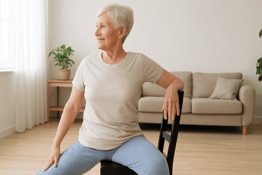 Older woman doing a supported seated spinal twist in a bright living room, demonstrating how to prevent back pain with safe stretching.