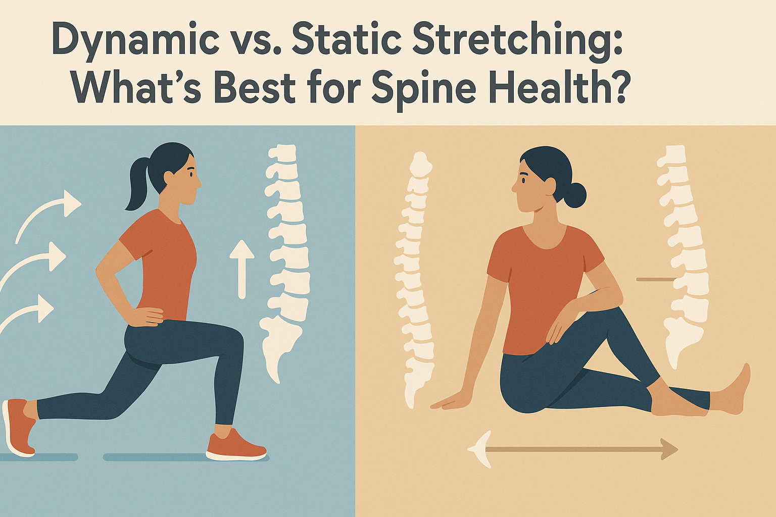 Visual infographic comparing dynamic and static stretches like walking lunges and spinal twists to show how to prevent back pain through movement styles
