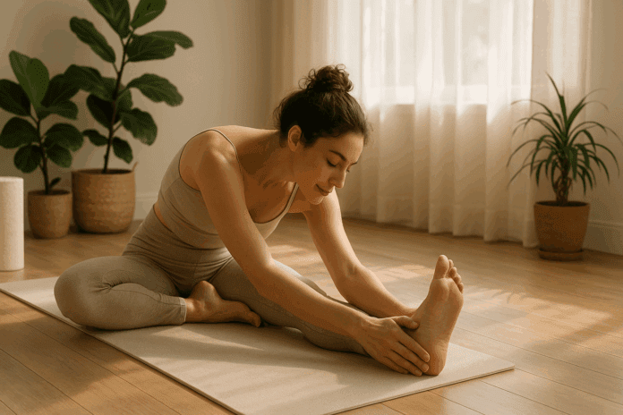 Woman practicing gentle seated stretch in a sunlit room with a yoga mat and foam roller, demonstrating how to release chronically tight muscles.