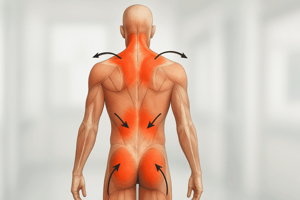 Anatomical illustration of muscle tension zones in the neck, shoulders, back, and legs, showing stress patterns to explain how to release chronically tight muscles.