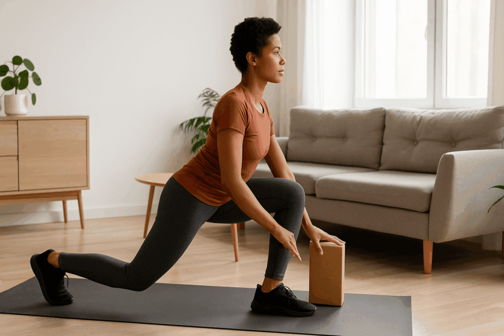 Woman doing dynamic calf and hip stretches on a yoga mat in a living room, showing how to release chronically tight muscles with home movement.