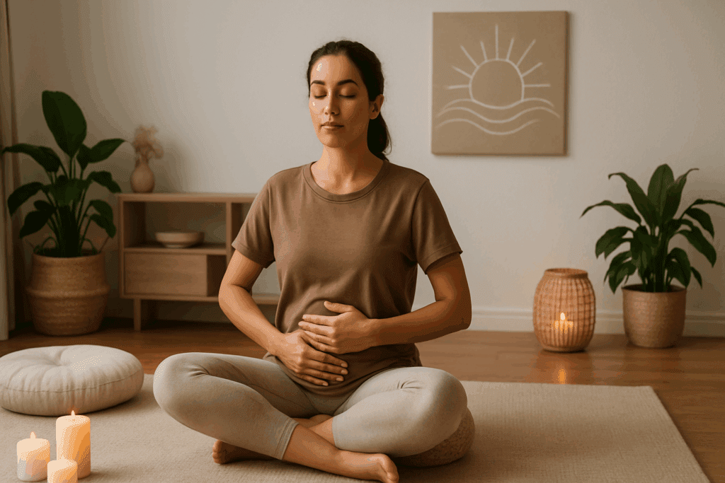 Woman practicing diaphragmatic breathing in a peaceful room with candles and cushions, showing how to release chronically tight muscles.