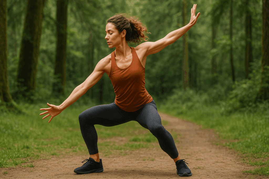Woman performing spiral arm stretch in a forest to demonstrate how to release chronically tight muscles through fascia-focused movement.