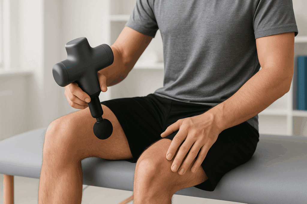Athlete using a massage gun on calf muscles during recovery session at home, showing how to release chronically tight muscles.