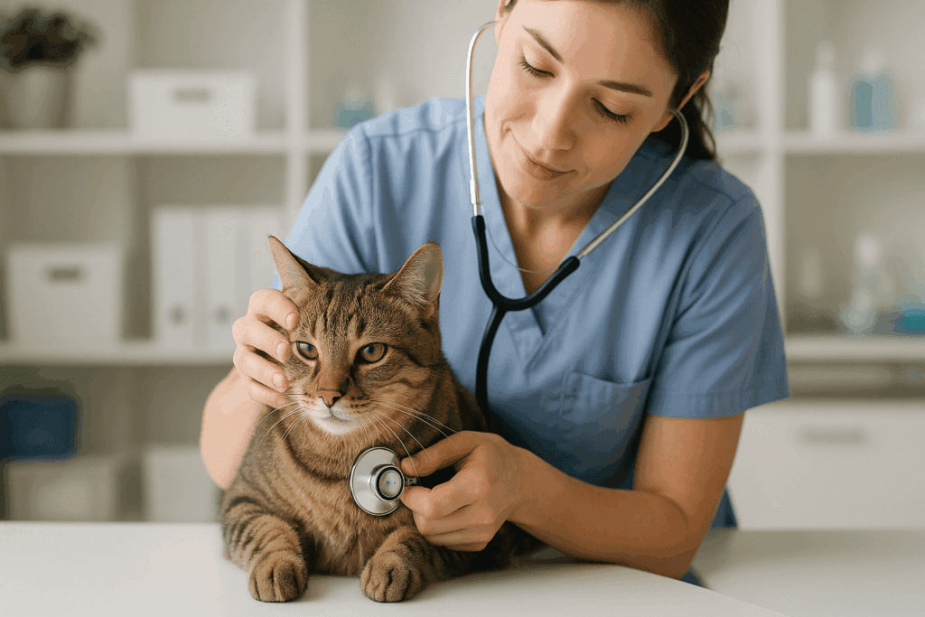 Veterinarian gently using a stethoscope on a calm tabby in a clean clinic, promoting proactive cat enrichment care.