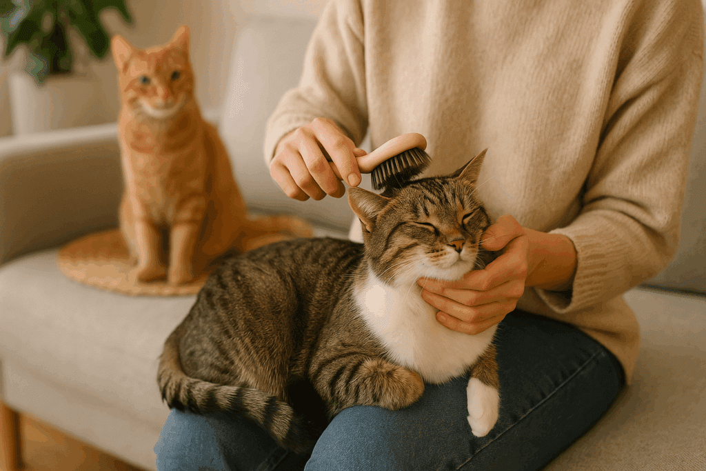 Person gently brushing a relaxed cat in their lap, with a second cat nearby in a cozy living room, illustrating cat enrichment through bonding and care.