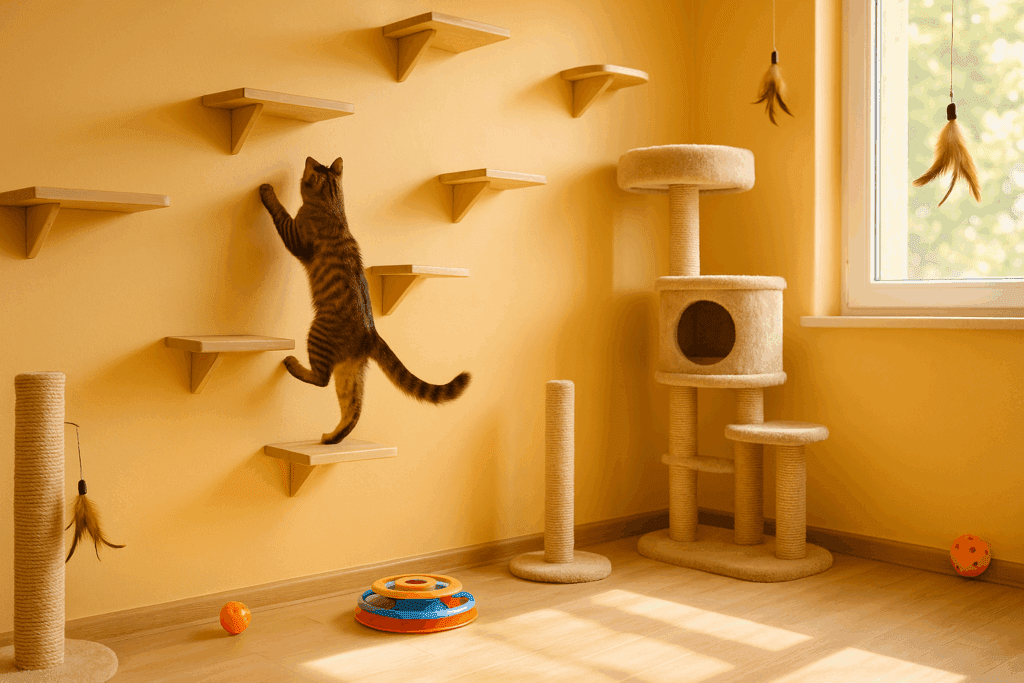 Indoor cat playroom designed for cat enrichment, with wall-mounted shelves, a climbing tabby, cat tree, and interactive toys in natural light