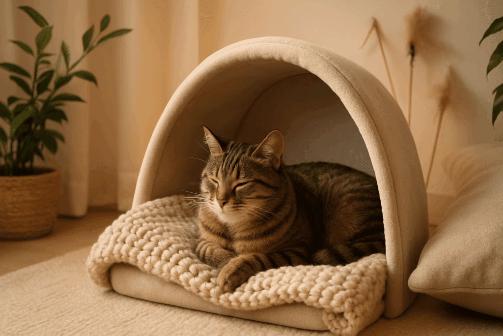 Tabby cat resting in a cozy indoor nook with plush bedding, soft lighting, and toys for cat enrichment nearby