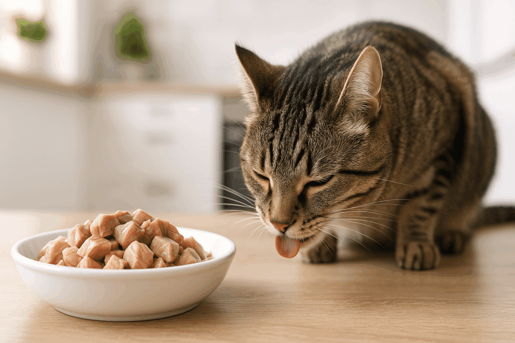 Sleek tabby cat enjoying grain-free, high-protein food in a sunlit kitchen, promoting healthy cat enrichment through quality nutrition.