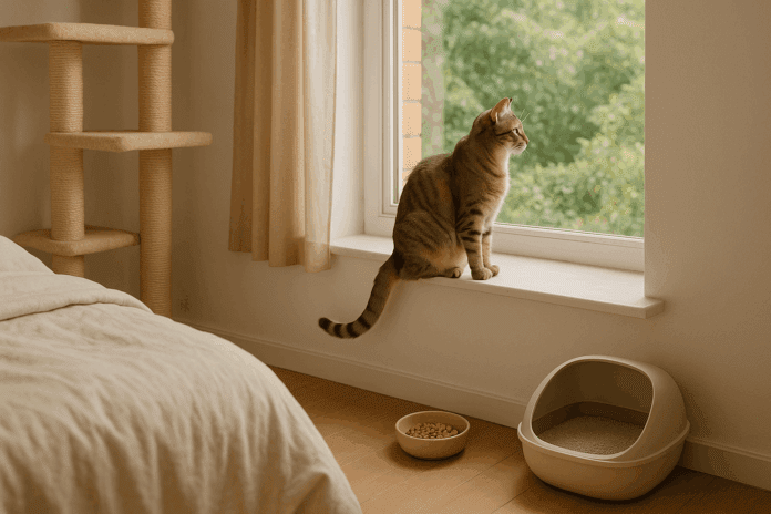 Tabby cat on a windowsill overlooking a garden, surrounded by cat enrichment features like a cozy bed, food bowl, litter box, and climbing tower.