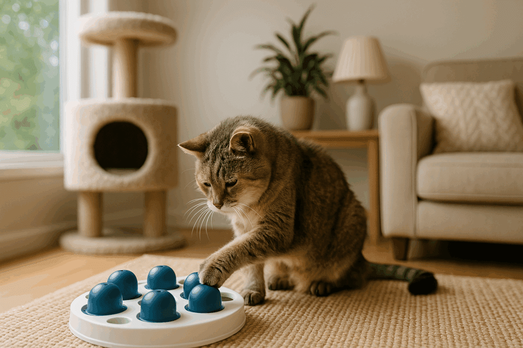 Senior cat engaging with a puzzle feeder in a cozy living room, promoting enrichment and Senior Cat Care.
