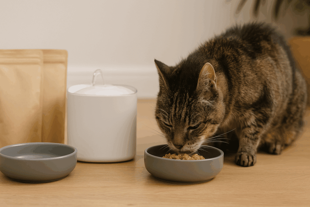 Senior cat eating wet food beside a water fountain and protein-rich food packs in a clean feeding station, illustrating senior cat care.
