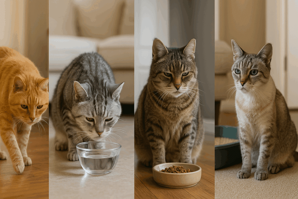 Collage of five indoor senior cats showing signs of arthritis, kidney disease, dental issues, hyperthyroidism, and diabetes, illustrating Senior Cat Care needs.