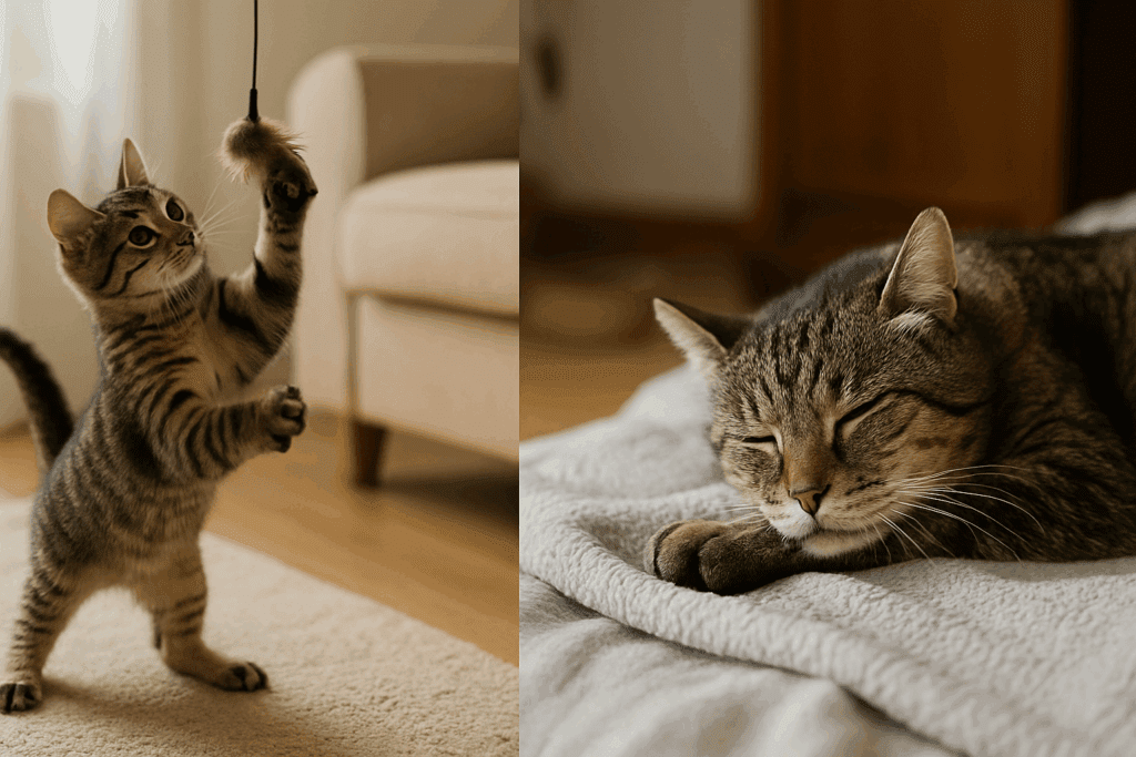 Young tabby cat playing indoors beside a resting senior cat on a blanket, illustrating stages of Senior Cat Care