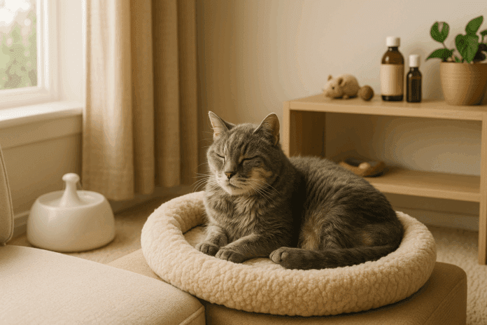 Senior Cat Care scene showing an elderly grey tabby cat resting peacefully on a plush bed in a sunlit, cozy living room.