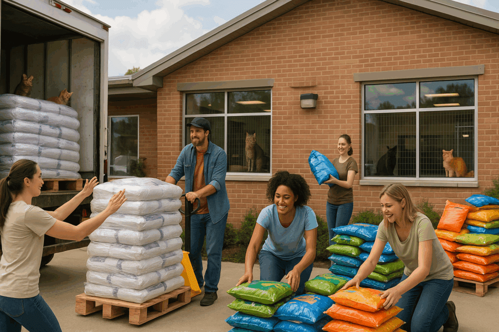 Volunteers unloading pet food and cat litter from a donation truck at a shelter, supporting cat care efforts.